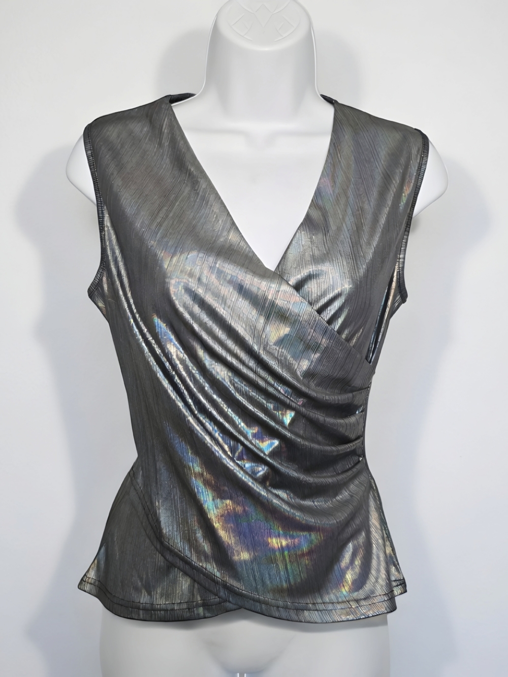 SHEIN Metallic Iridescent Silver Sleeveless Wrap Top